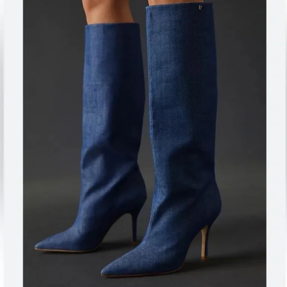 LARROUDÉ “Kate” Denim Blue Knee-high Heeled Boots 6.5